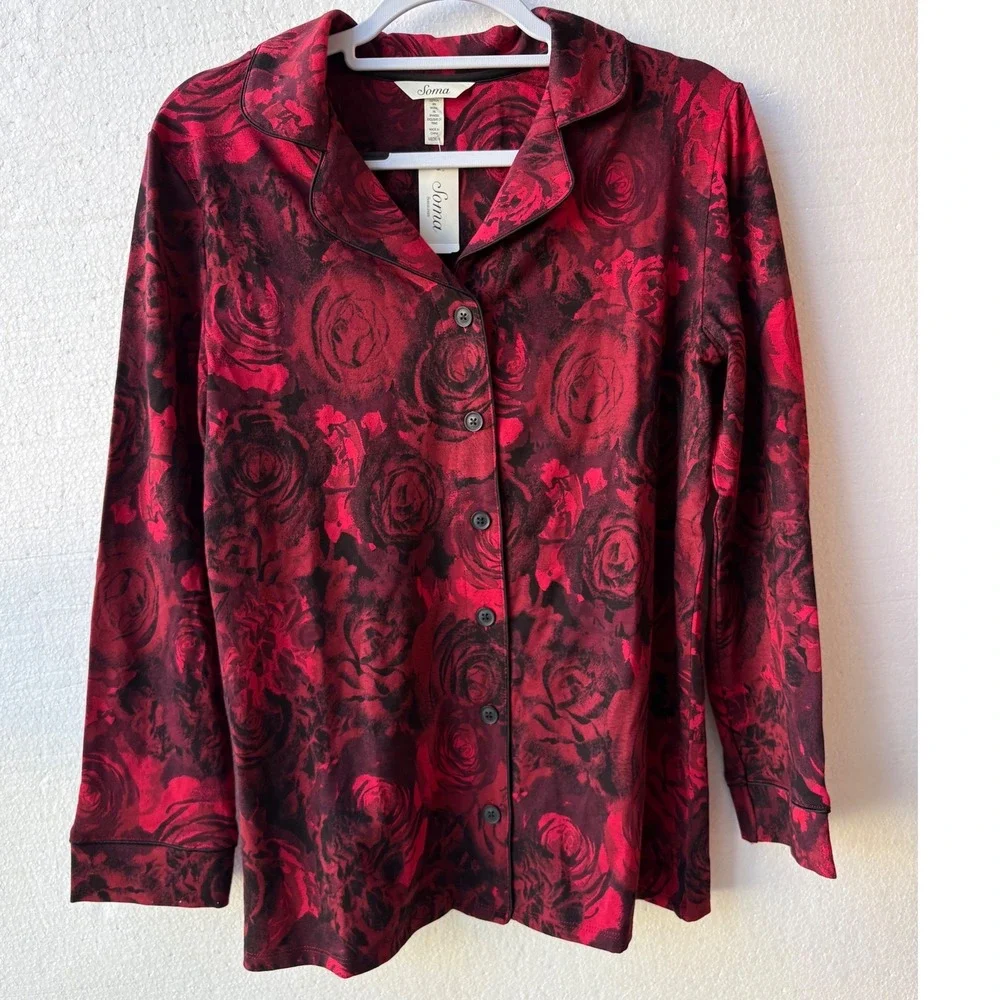Soma Pajama Top Cotton Modal Stretch Notch Collar Floral Ruby Red Sleepwear M